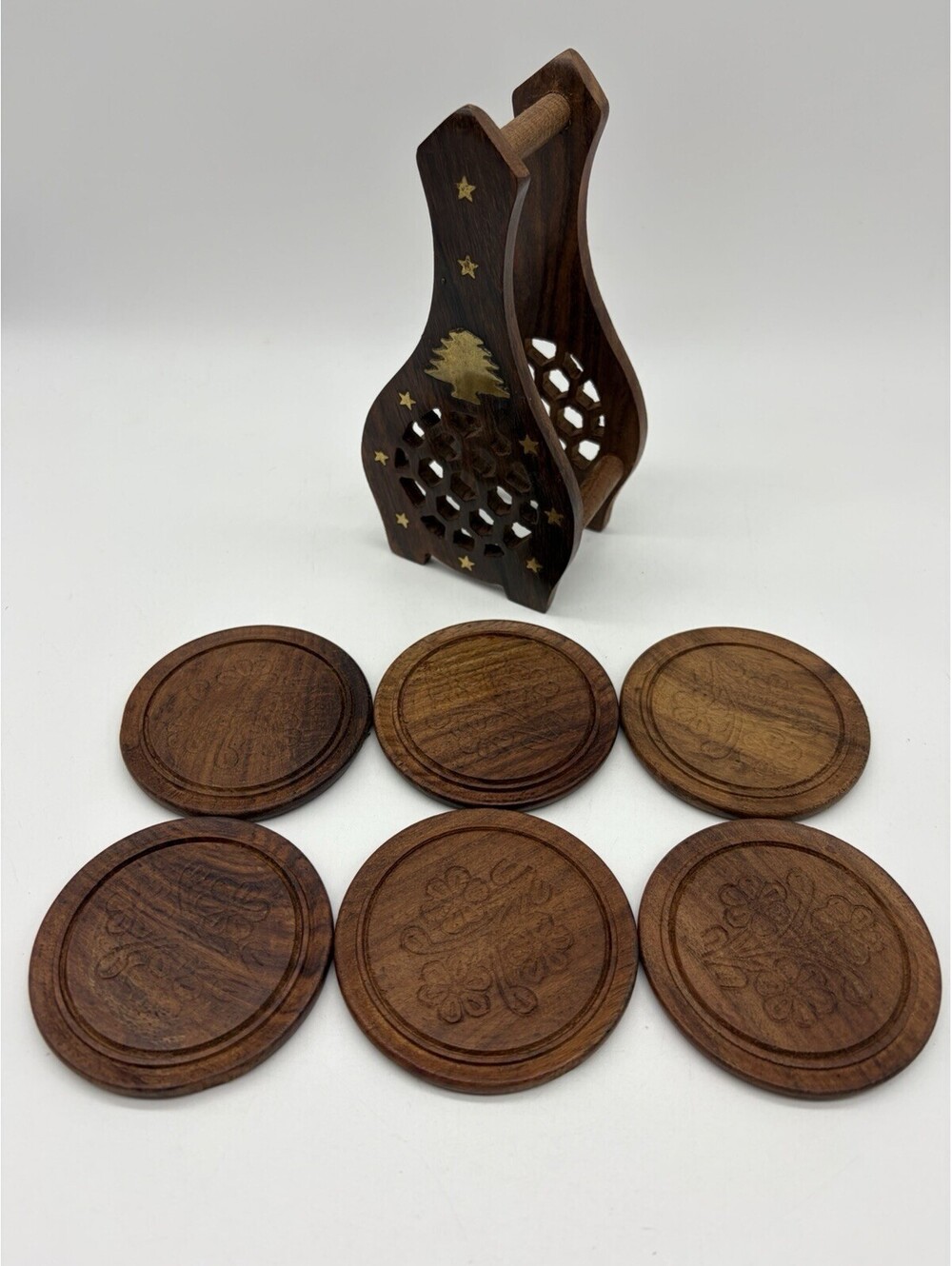 Handcrafted Boho Wooden Coaster Set Brass Gold Tone Inlay Floral Round Coasters